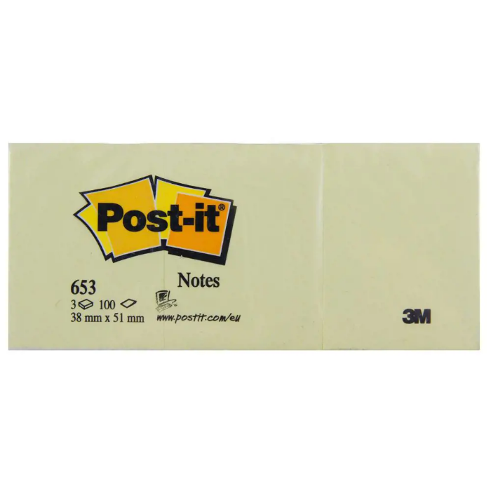 3M Postit 653 Yapışkanlı Not Kağıdı 38x51mm 100 Yaprak 12 Adet Sarı resmi