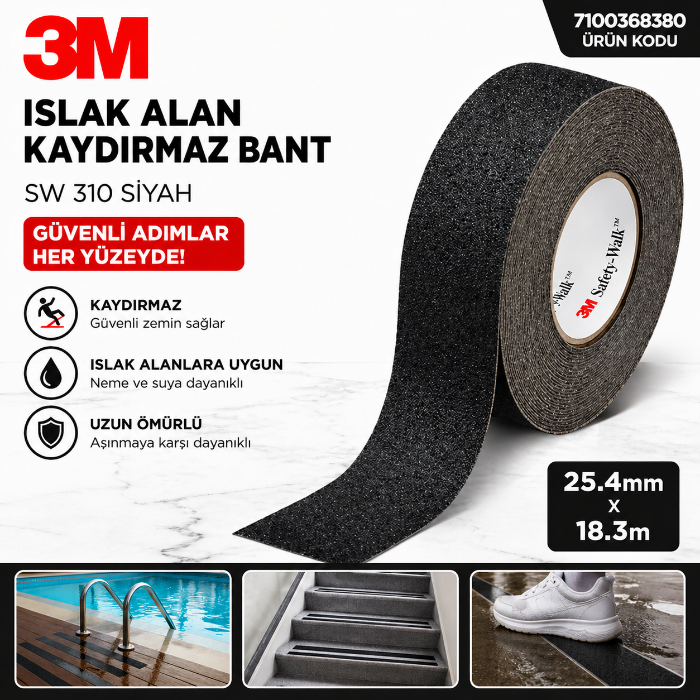  3M Islak Alan Kaydırmaz Bant Safety - Walk 310 Serisi Siyah 25 mm x 18 m resmi