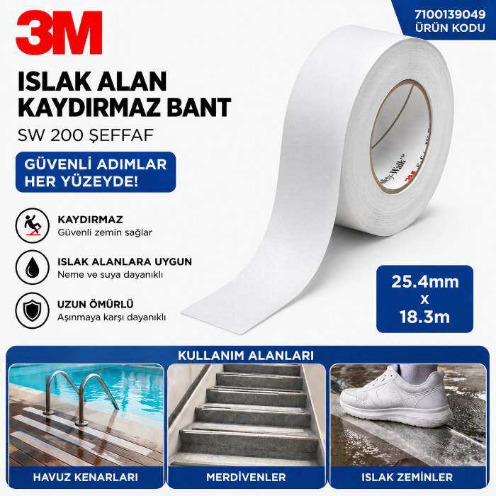 3M Islak Alan Kaydırmaz Bant Safety - Walk  200 Serisi Şeffaf 25 mm x 18 m resmi