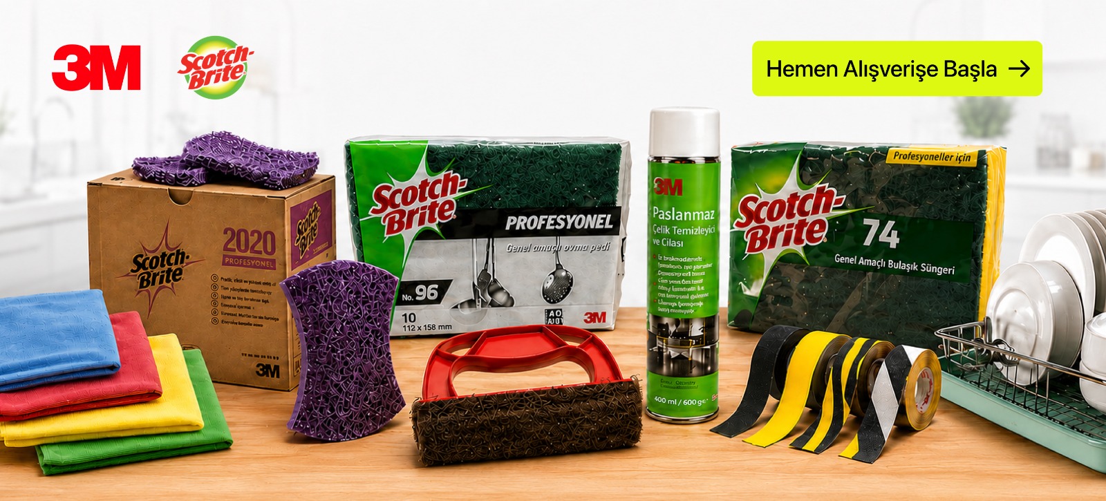 3M yetkili satıcısı temizlik ürünleri bannerı, Scotch Brite süngerler, mikrofiber bezler, ovma pedleri, zemin pedleri, paslanmaz çelik temizleyici ve kaydırmaz bant ürünleri